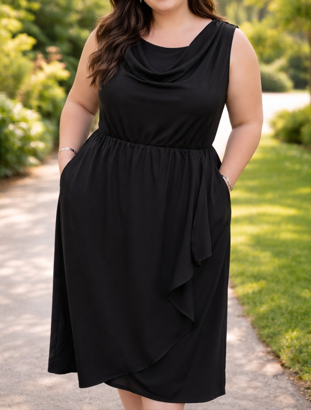 Halara Black Cowl Neck Faux Wrap Ruffle Midi Dress Sleeveless Draped Elegant - Picture 1 of 10
